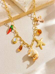 1 Stück kreativ und personalisiertes Meereslebens-Accessoire, inklusive Muscheln, Jakobsmuscheln, Seesterne, Krabben, Schildkröten, herzförmiger Mondanhänger, Kette, Edelstahl-Halskette