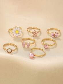 7 Pieces Teen Crown Daisy Bow Five Pointed Star Butterfly Gold Opening Gold Rings Jewelry Cheap Adjustable Rings