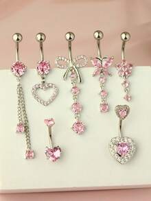 7 PCS Pink Butterfly, Flower, Heart Shaped Stainless Steel Navel Rings, Piercing Jewelry Suitable For Daily Wear - Belly ring - View 5