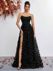 ADYCE Strapless High-Waisted Gauze Hem With Appliques Slit Lace-Up Floor-Length Party Dress For Prom Birthday Party Evening Date Homecoming Party Wedding Guest Formal Dinner Family Festival, New Year, Valentine's Day - Black - View 3