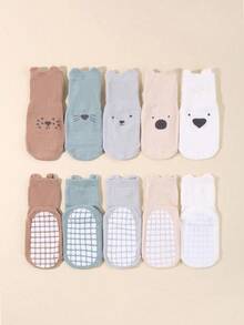 5 双卡通图案防滑婴幼儿室内袜，软底地板袜，适合日常穿着