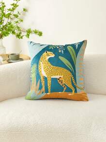 1pc Leopard Floral Embroidery Throw Pillow Cover, Suitable For Living Room, Bedroom, Party, Home Decor, All Season
