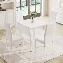 Dining Table And Set Of 2/4 Chairs, Drop Leaf Kitchen Table With PU Leather High Back Chair - White Table + 4 White Chairs - View 2