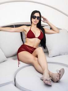 Carolina Barros 2件套女士度假海滩纯色泳衣套装夏季 - 酒紅色 - 查看 2