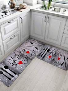 One Heart Print Wood Board Pattern Kitchen Mat, Plush Rectangle Soft Non-Slip Water Absorbing Floor Mat Fit For Kitchen, Restaurant, Living Room, Home Use ,Room Decor - Light Grey - View 5