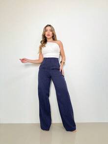 Women's Striped High Waist Wide Leg Trousers, Lightweight, Casual, Formal, Stylish And Elegant - 藍色 - 查看 3