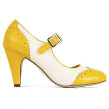 Women Mary Jane Pumps – Round Toe Retro Low Kitten Heels With Ankle Strap & Memory Foam Insole, Vintage 1950s Cone Heel Dress Shoes For Weddings, Bridesmaids, Date Night, Parties & Business Casual [Size Up Half Size] - 黃白PU - 查看 2
