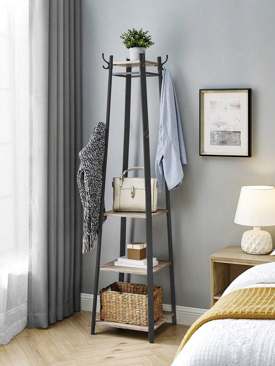 Coat Rack, Cloakroom, Clothes Rack With 3 Tier Shelf, Hooks And Rails, Steel Frame, Industrial Style, Greige And Black - Black - View 1