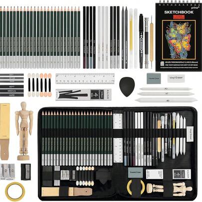Kit de Lápices de Dibujo de 70 Piezas, Materiales de Arte Profesionales con Lápices de Grafito, Carbón, de Colores, Acuarela, Metálicos, Herramientas de Mezcla