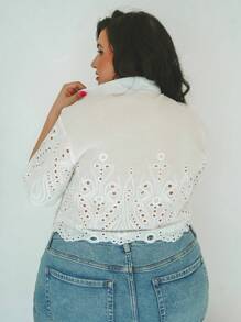Truni Plus Size Hollow Out Embroidered Solid Color Short Sleeve Shirt With Front Button Closure, Casual Summer