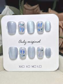 10PCS Blue Press On Nails, CoffinNails, Short Nails, Summer Nails, Cute Cat Eating Fish High-End Hand-Painted Nails, Nail Supplies ,Home DIY Nail Design Full Coverage Fake Nail Tips Artificial Fingernails For Women And Girls Manicure Supplies Office Daily Wear False Nails Purely Hand-Made Nails