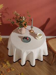 1pc Bamboo Knot Fringed Round Tablecloth, Linen Dust-Proof Design Suitable For Wedding, Holiday Party, Daily Home Use, Decorative Tabletop
