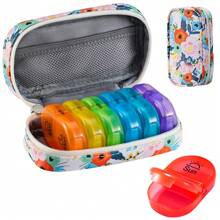 Serfeymi Organizador de pastillas para viaje de 7 días - Estuche semanal portátil AM/PM para medicamentos con diseño arcoíris, estuche con cremallera de piel sintética para vitaminas, omega 3 y medicación diaria (compacto y duradero)