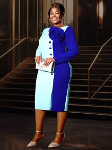 Plus V-Neck 3D Floral Decorated Fitted Long Sleeve Dress, Party Dress, Wedding Guest Cocktail Dress - Blue - View 5