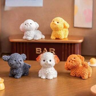 6pcs Cute Cartoon Poodle Dog Statue - Arts & Crafts Ornaments Resin Car Interior, Computer Monitor & Garden Decoration, Party Gifts, White, Yellow, Orange & Grey, Fun Curly Design With Wagging Tail Details