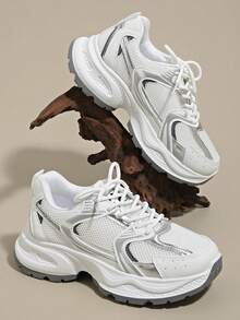 Women's Spring/Autumn New Casual Chunky Sneakers, Mesh Breathable Thick Sole Wedge Heel Leisure Shoes, Lightweight Versatile Fashion Lace-Up White/Gray Casual Sneakers, Suitable For All Seasons