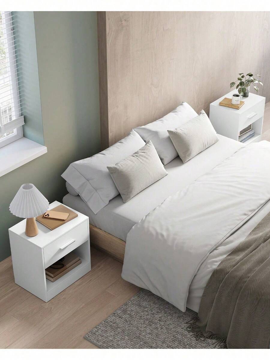 Bedside Tables, Set Of 2, Side Table With Drawer, Handle, Open Compartment, End Table, For Bedroom, Living Room, Classic White, Classic White - White - View 1