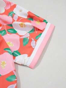 Acelitt Summer Multicolored Plant Flower Print Contrasting Lapel Short Sleeved Dress For Vacation And Leisure
