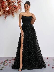 ADYCE Strapless High-Waisted Gauze Hem With Appliques Slit Lace-Up Floor-Length Party Dress For Prom Birthday Party Evening Date Homecoming Party Wedding Guest Formal Dinner Family Festival, New Year, Valentine's Day - Black - View 7