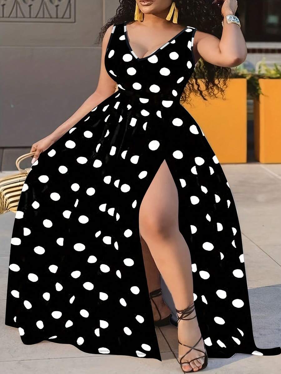 Vestido elegante de talla grande con cuello en V y sin mangas - Estampado de puntos negros y blancos de moda, diseño de abertura alta, de poliéster ligero, informal y elegante para primavera/verano - Blanco y Negro - Ver 1