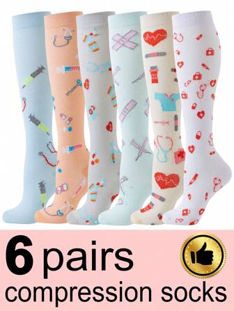 6 Pairs Compression Socks Women, Cute Pattern Breathable Knee High Socks Women Sports Compression Socks Suitable For Running, Cycling, Hiking, Travel
