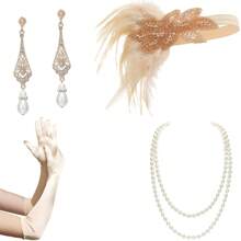 4Pcs Vintage Costume Set, Women's Black Tassel Feather Hairband Jewellery Set, Pearl Necklace With Rhinestone Earrings Lace Gloves Victorian Decoration, Party Prom Dress Decoration Accessories Halloween