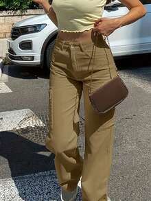 Casual Solid Color Straight Leg Cargo Pants - Khaki - View 5