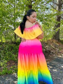 Hourglow Cardis.Ego Plus Ombre Off Shoulder Ruffle Hem Belted Dress Maxi Women Outfit, For Hourglass Body Shape - Multicolor - View 5