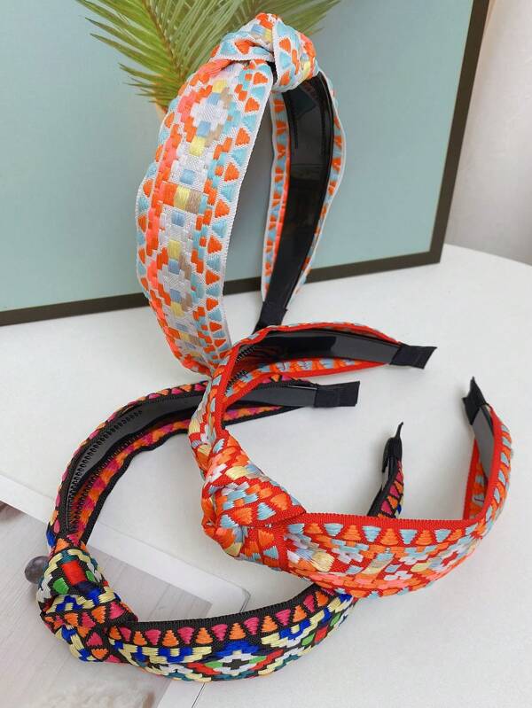 3 PiecesRetro Hair Accessory With A Knot In The Middle And A Wide Edge Headband Embroidered With Fluorescent Checkered Pattern Hairband Diadema Hair Hoop