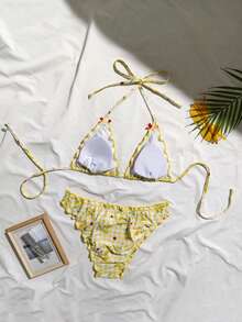 2 件柠檬黄格子印花配红色蝴蝶结女士泳衣，可拆卸泳垫，海滩度假装，泳衣，女士夏装，女士夏装，节日，伊比沙岛装束，女士泳装，比基尼套装，女士泳衣，女士沙滩装，假日套装，沙滩裙，女士比基尼套装