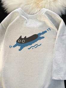 Áo thun cotton tay ngắn cổ tròn in hình mèo dễ thương cho nữ mùa hè - Xám nhạt - Xem 5