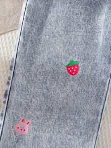 Girls Casual Pink Strawberry & Bear Print Light Blue Straight Leg Jeans - Light Wash - View 5