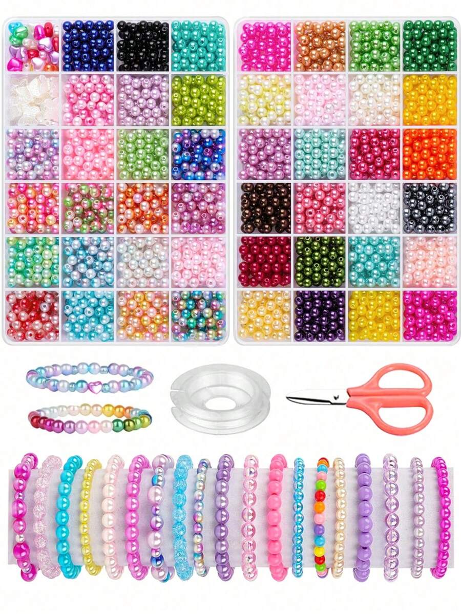 2 cajas Kit de Fabricación de Joyas de Perlas de ABS en 48 colores, 2325 piezas para hacer pulseras, collares y aretes, manualidades DIY con tijeras y hilo elástico, regalo ideal para fiestas, Halloween, Navidad, San Valentín, Cumpleaños - perlas de imitación - Ver 1