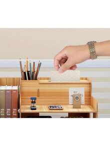 Organizador escritorio oficina madera armable hogar almacenamiento multiusos artículos papelería documentos accesorios fácil instalación resistente - Café integral - Ver 4
