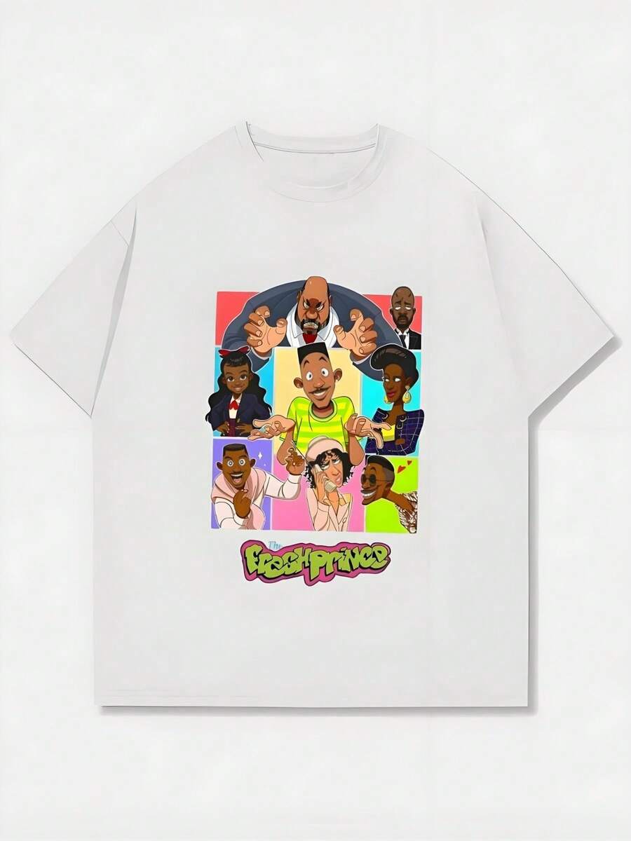 Fresh Prince Cartoon Group Graphic,Casual Print,Comfortable And Versatile,Letter Pattern Pure Cotton 220g Printed T-Shirt,Unisex Style - trắng - Xem 1