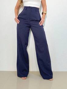 Women's Striped High Waist Wide Leg Trousers, Lightweight, Casual, Formal, Stylish And Elegant - 藍色 - 查看 1