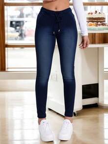 Jogger bolsas delanteras Jogger Dama mujer mezclilla jareta ajustable bolsas delanteras diagonales - Azul - Ver 1