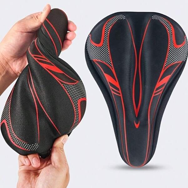 Soft Thick Gel Bicycle Seat Cushion - Adjustable Mountain And Road Bike Saddle For Men And Women, Comfortable Padded Seat To Enhance Riding Experience, Black With Blue/Red Accents, Cycling Accessories