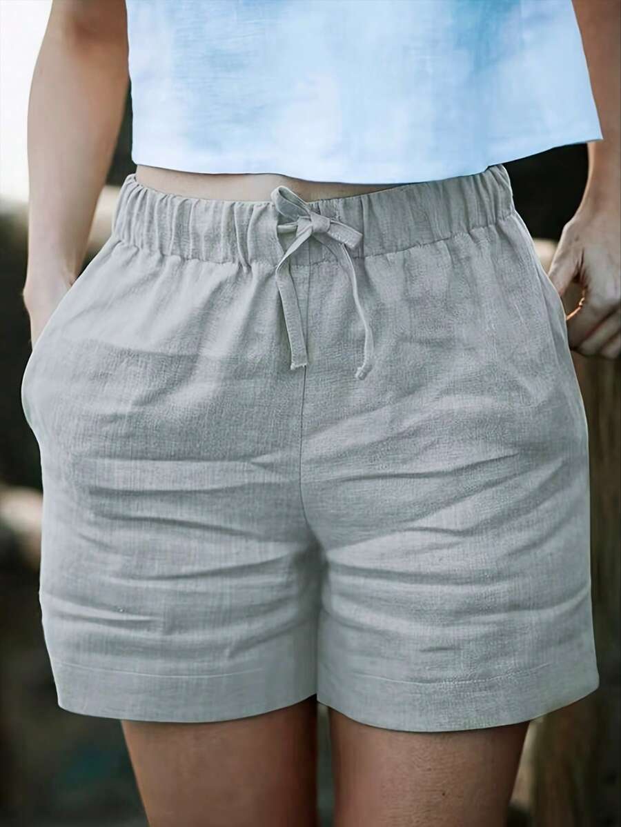 Pantalones cortos casuales de cintura alta sin estiramiento para mujer LuminousWealth, de unicolor, corte holgado, adecuados para primavera/verano/otoño - Gris Claro - Ver 1