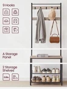 Coat Rack, Coat Stand With Shoe Storage Bench, Hall Tiree With Shoe Rack, 3-In-1 Design, Steel Frame, For Hallway, Entrance, 32 X 70 X 177 Cm, Modern, Grege And Black - Grey - View 4