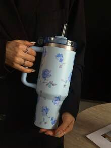 1pc 40oz/14oz Watercolor Rose Themed Vacuum Insulated Tumbler With Handle, Stainless Steel Travel Mug, Reusable Cup, Suitable For Commute, School, Office, Outdoor, Gym, Home, Gifts For Women, Teenagers, Holiday, Birthday (With Straw) - Multicolor - View 17