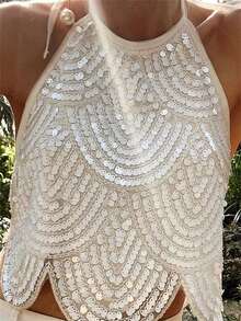 Top halter para mujer, sin mangas y con tiras para atar, con lentejuelas y espalda descubierta; chaleco de verano ideal para fiestas y discotecas. - Blanco - Ver 3