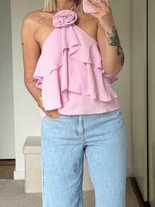 Women Tank Tops Solid Color 3D Flower Ruffles Tie-Up Halter Neck Casual Vests Summer Backless Sleeveless Tops Streetwear - 粉色 - 查看 2