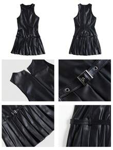 优雅黑色奢华夏季派对连衣裙，婚礼宾客毕业典礼礼服，性感PU皮革无袖褶皱迷你连衣裙，休闲度假海滩Y2K社交连衣裙，母亲节春季装扮 - 黑色 - 查看 7