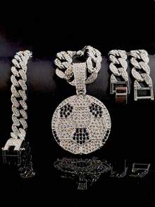 Luxury Alloy Men's Quartz Watch, With Rhinestone Rhinestone Crystal And Date, Paired With A Hip-Hop Pair It With A Football Pendant Full Of Rhinestones Cuban Necklace And Bracelet Set - Necklace Set - View 27