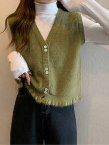 Alicedudu Damen Herbst/Winter V-Ausschnitt Strickweste mit Rüschen-Saum Design