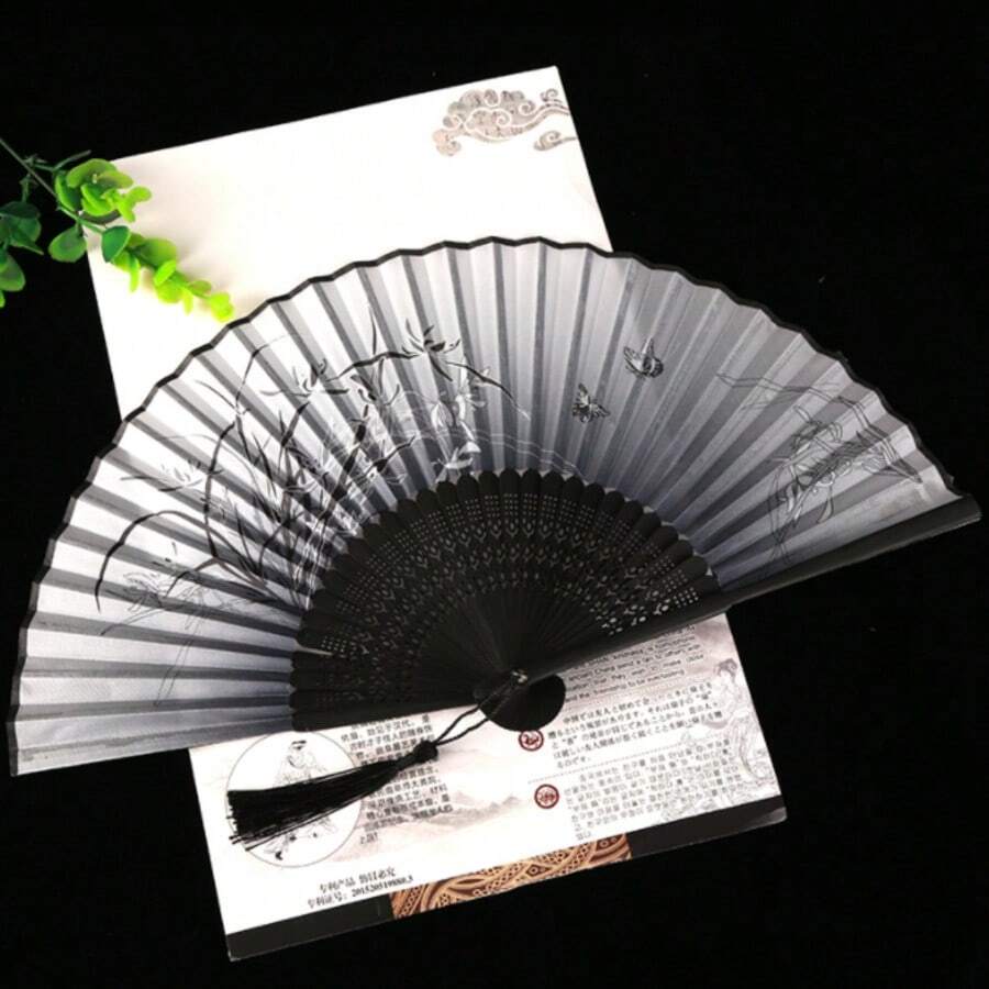 1pc Retro Chinese Style Folding Fan With Tassels, Portable Hanfu Dance Mini Fan - Butterfly Love Flower - View 1
