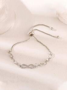 1件簡約時尚的幾何無限環水晶細節可調節吊墜手鍊,適合日常佩戴和送給女性朋友 - 銀色 - 查看 2