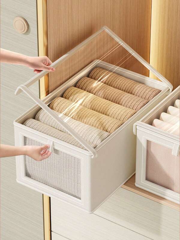 1pc Beige Covered Fabric Clothing Storage Box, Wardrobe Collapsible Transparent Window Organizer Box, Home Drawer Style Jeans Storage Container
