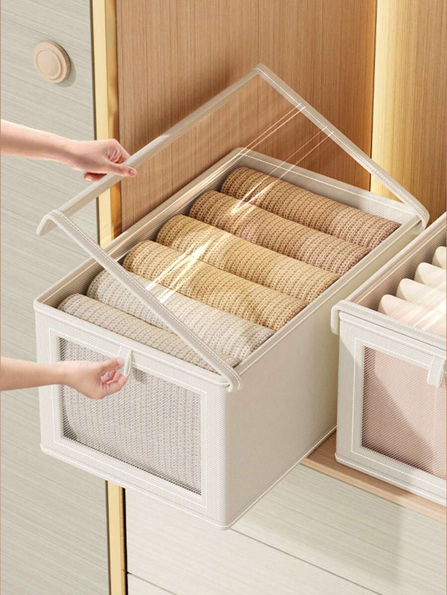 1 pieza Caja de almacenamiento de ropa con cubierta de tela beige, organizador de armario con ventana transparente y plegable, contenedor de almacenamiento de estilo de cajón para el hogar para jeans - Beige con tapa - Ver 1